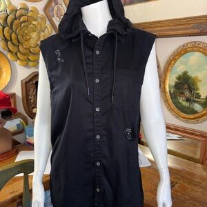 GUESS Men's Black Sleeveless distressed Hooded Jacket SZ S slim fit PREOWNED